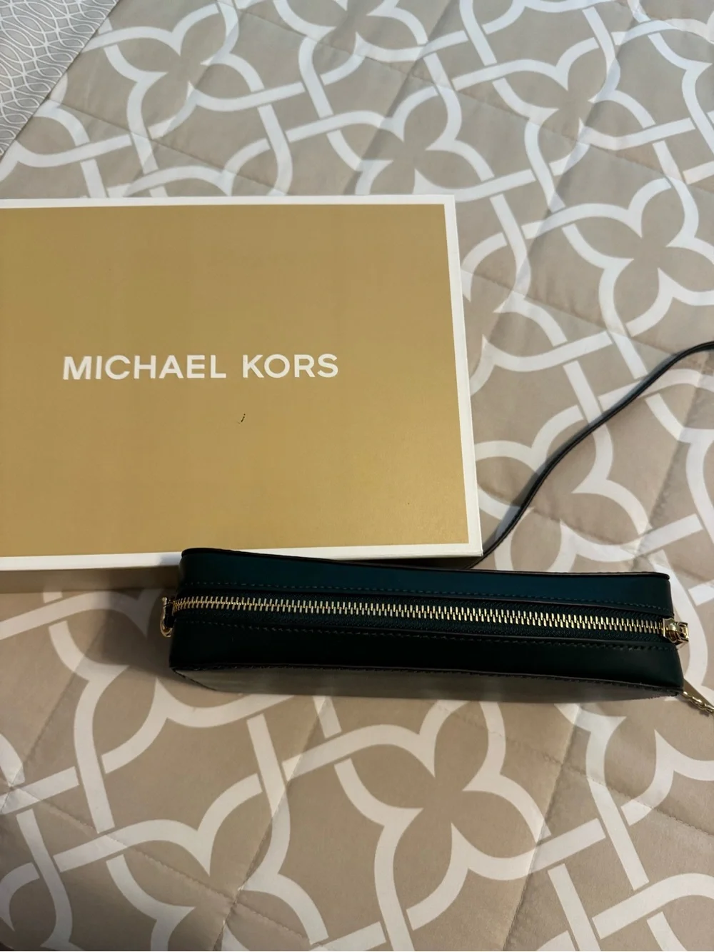 Michael Kors Dark Green Leather Crossbody with Gold Chain